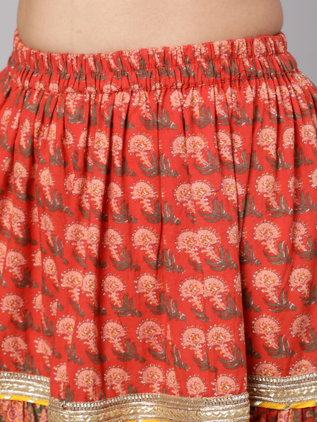 Red Floral Print Kurta Skirt With Dupatta & Potli Bag