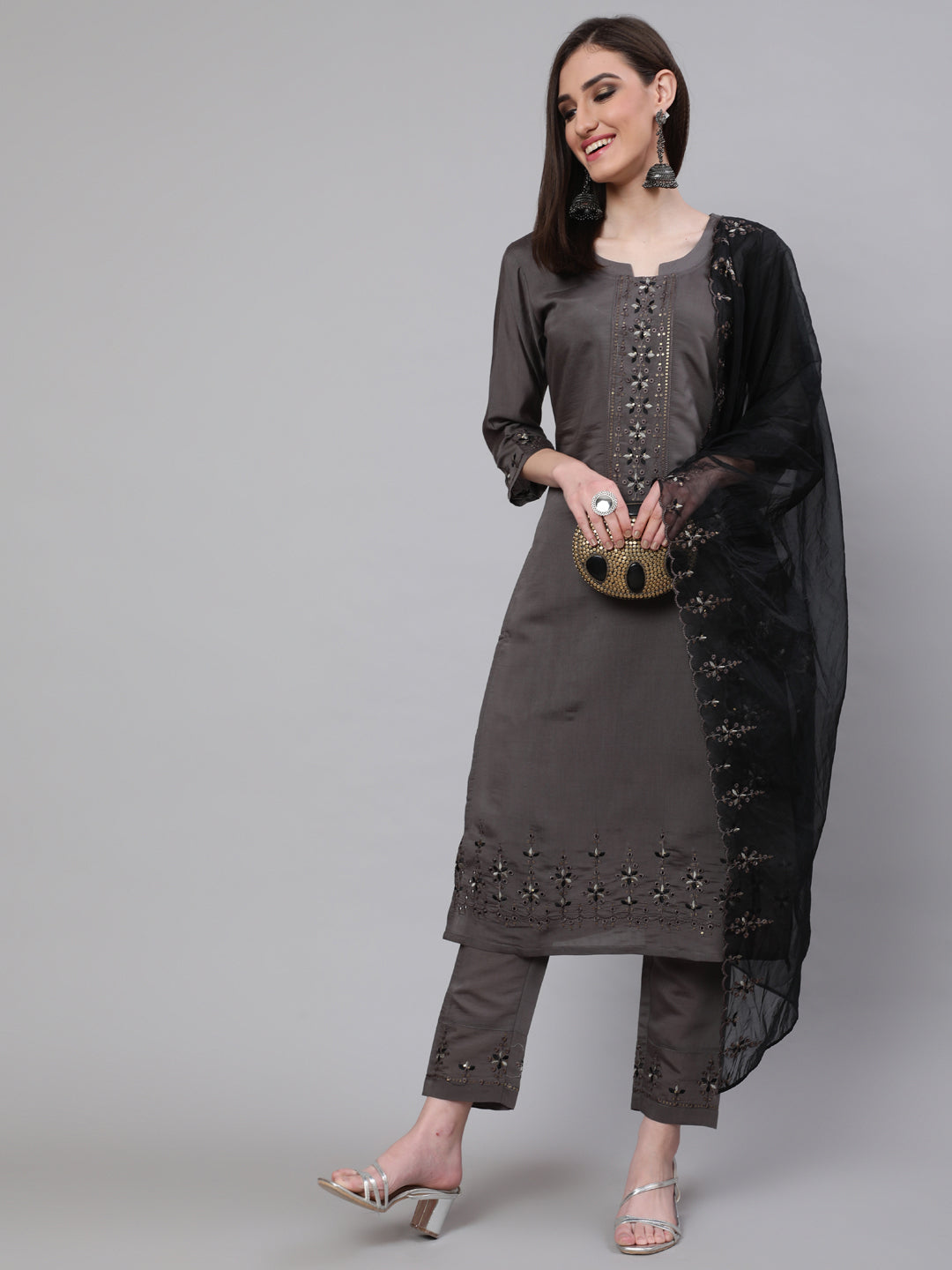 Grey Embroidered Kurta Pant With Dupatta