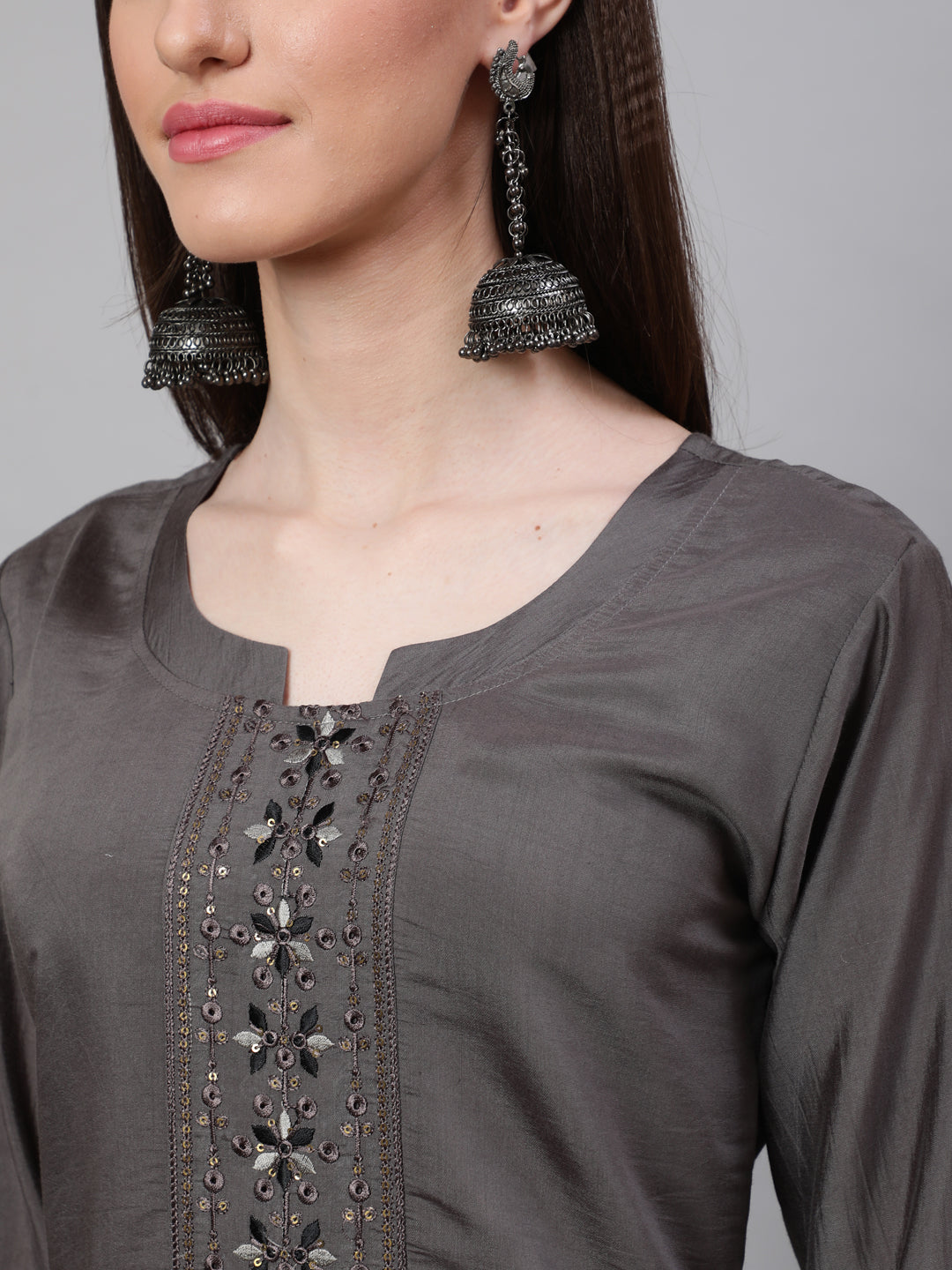 Grey Embroidered Kurta Pant With Dupatta