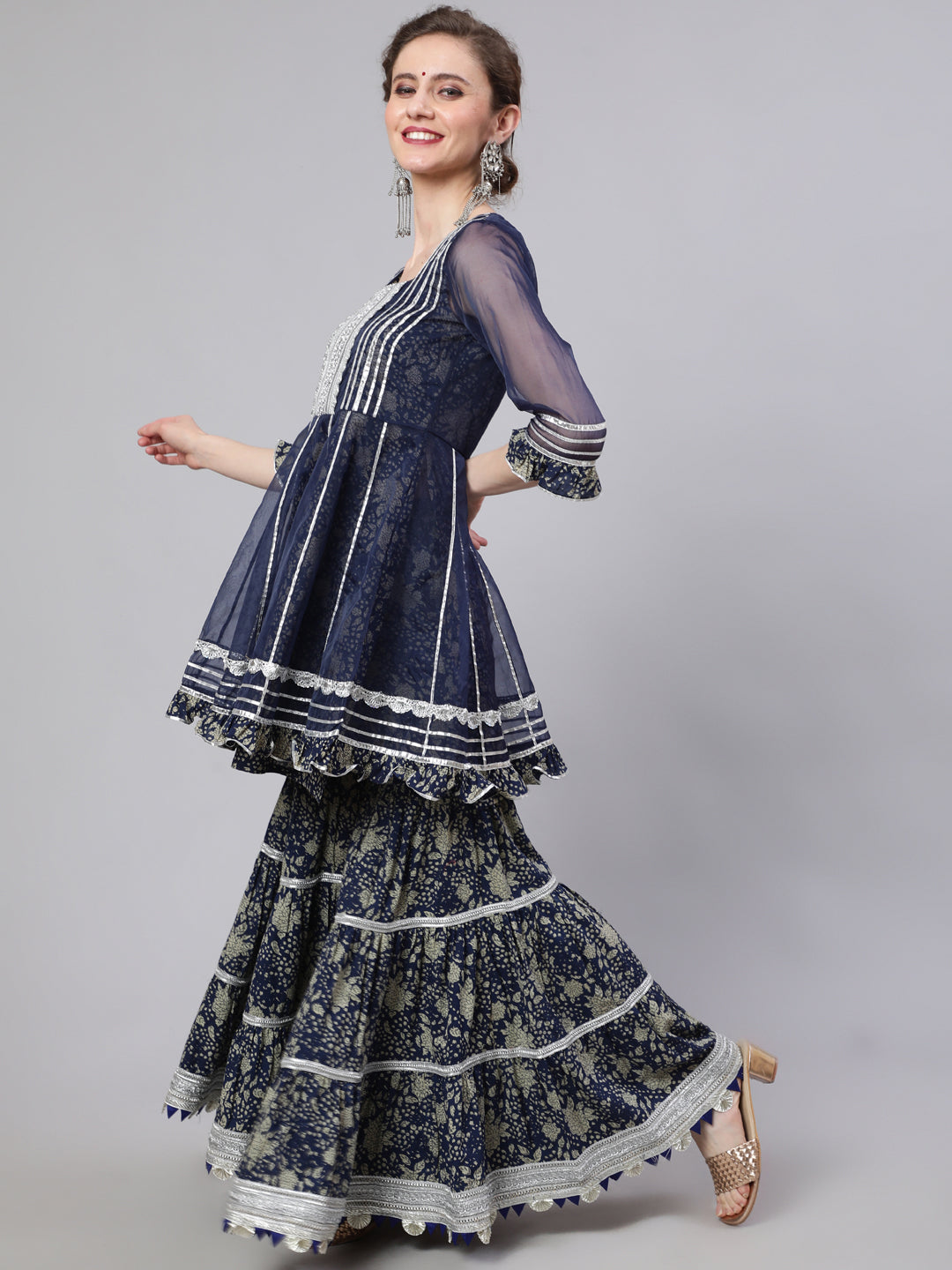 Navy Blue Floral Print Kurta Sharara Set