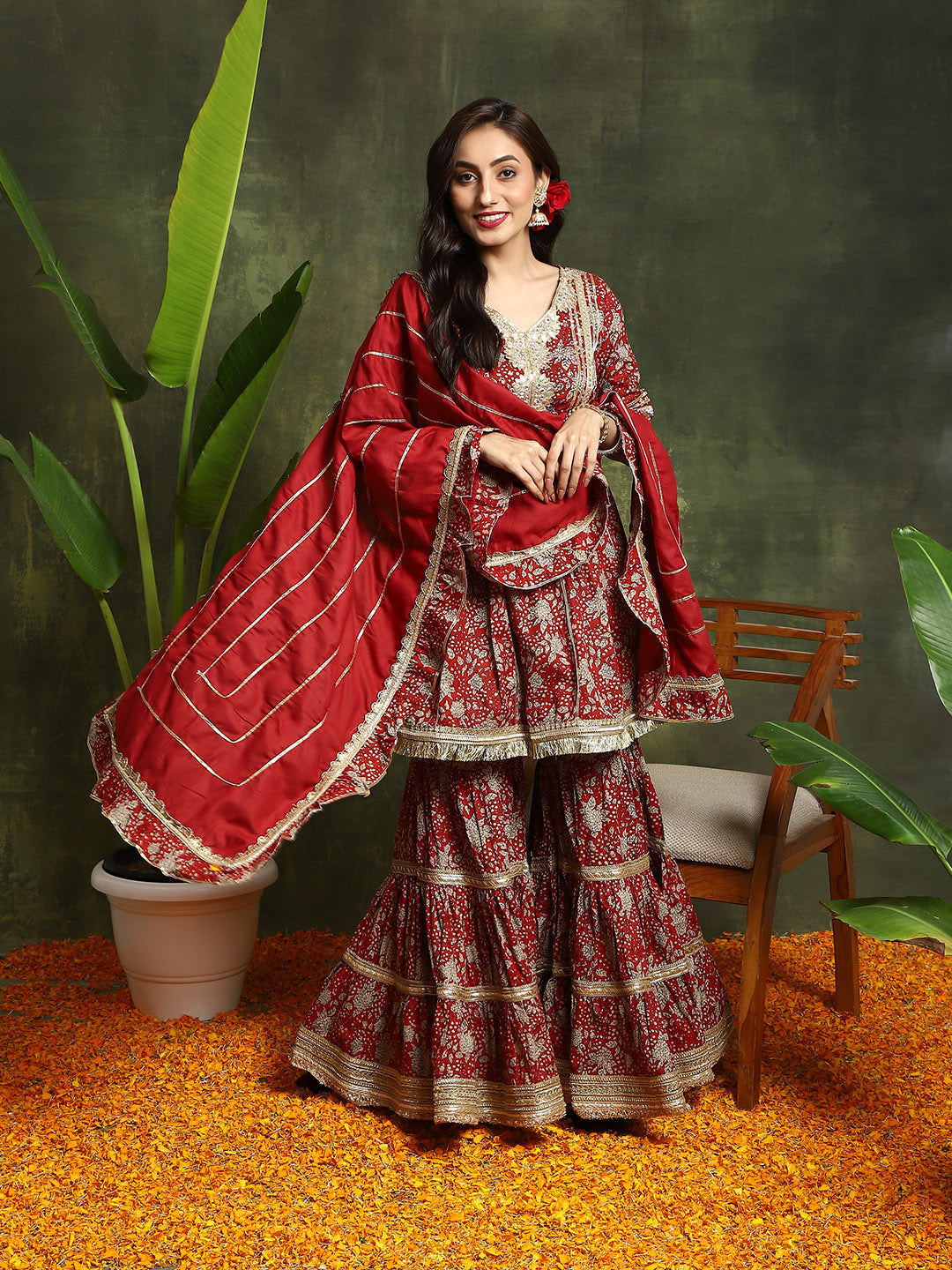 Red Sharara Kurta Mother Daughter Combo