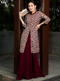 Mother Daughter Combo-Wine Floral Embroidered Kurta With Skirt