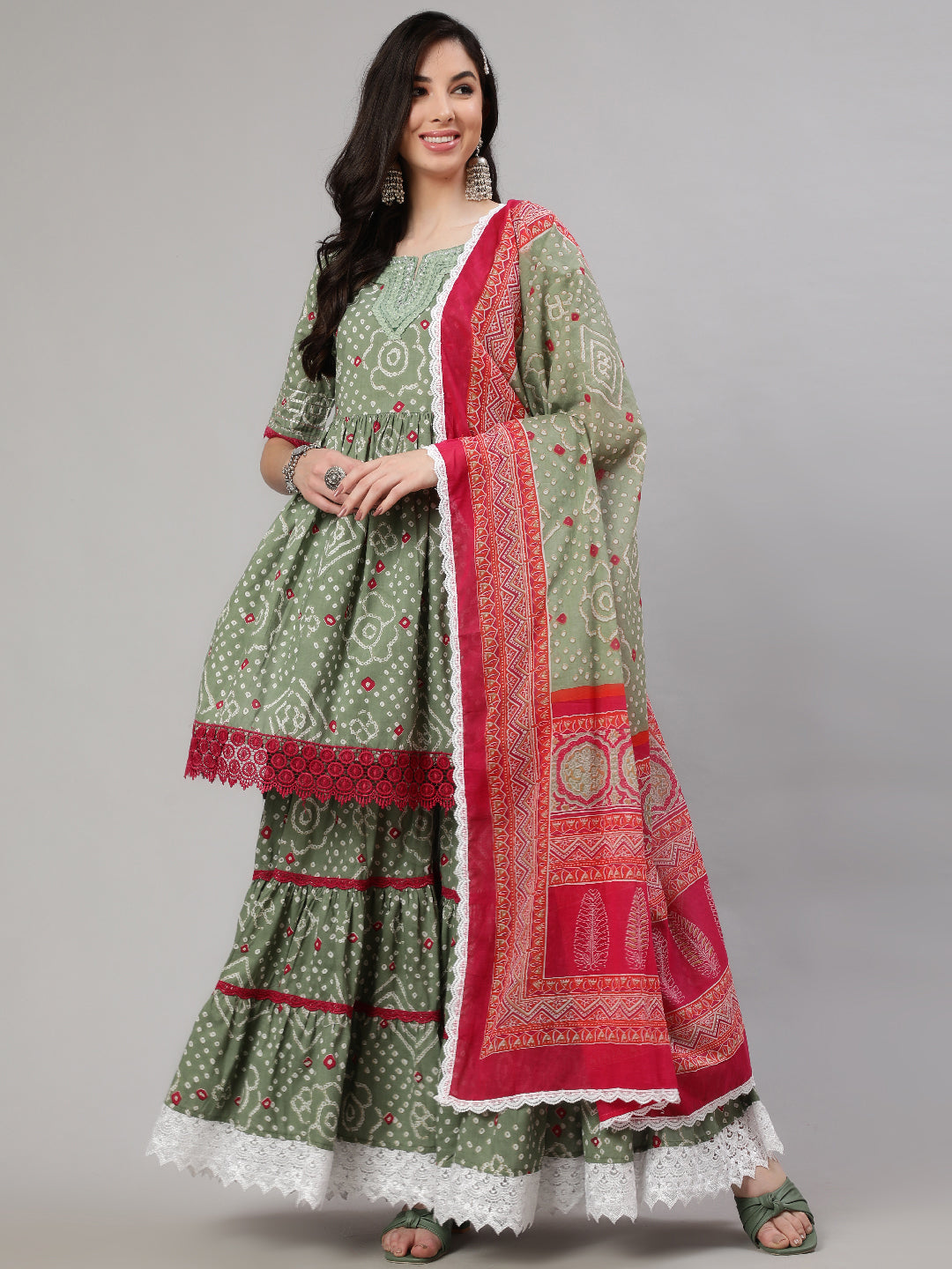 Green Nyra-Cut Kurta Sharara With Dupatta