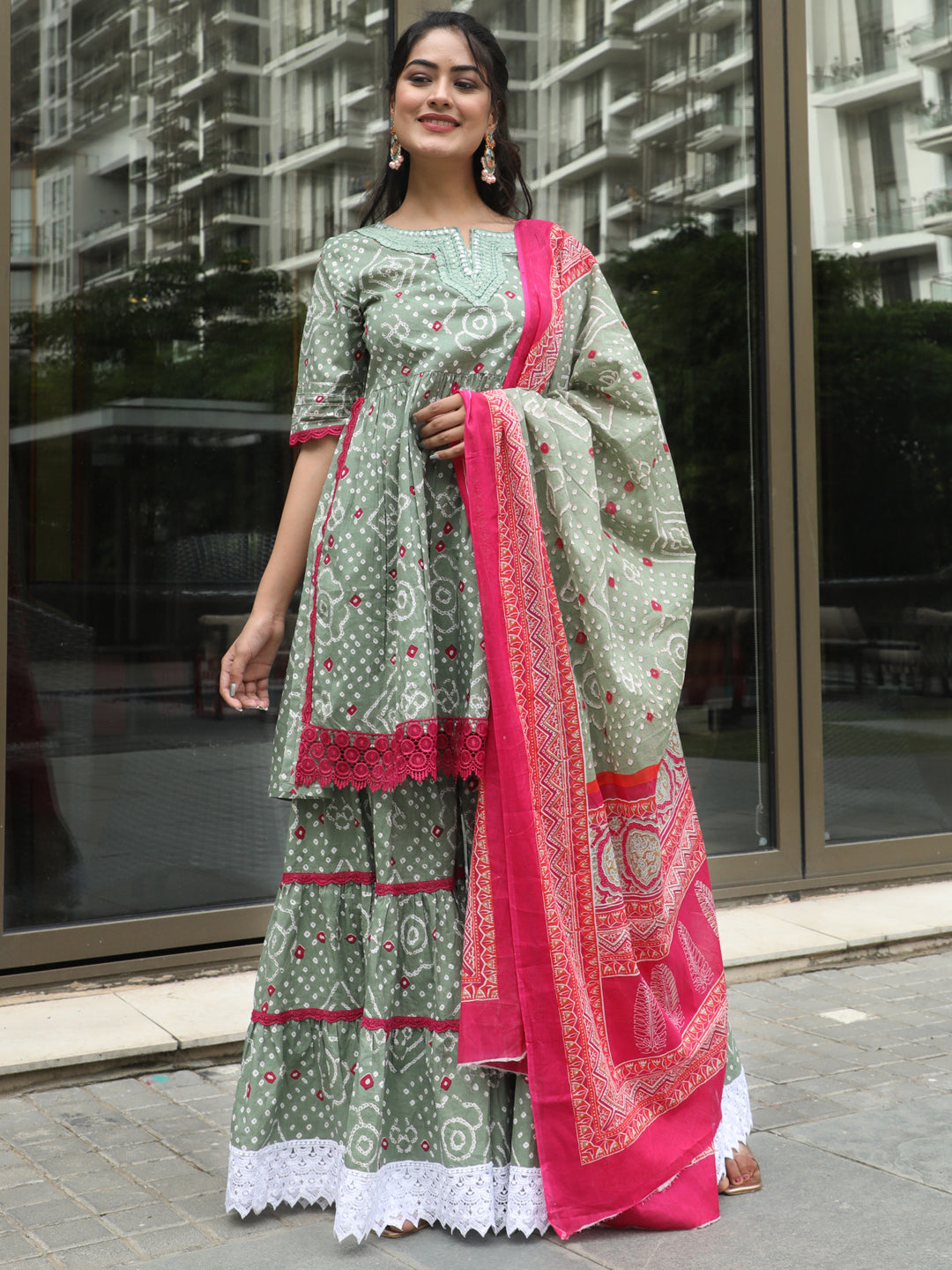 Green Nyra-Cut Kurta Sharara With Dupatta