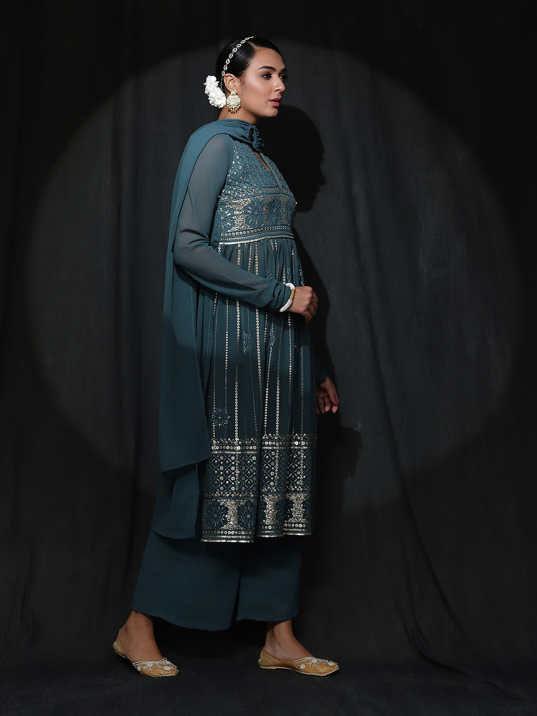 Teal Embroidered Nyra-Cut Kurta Palazzo With Dupatta