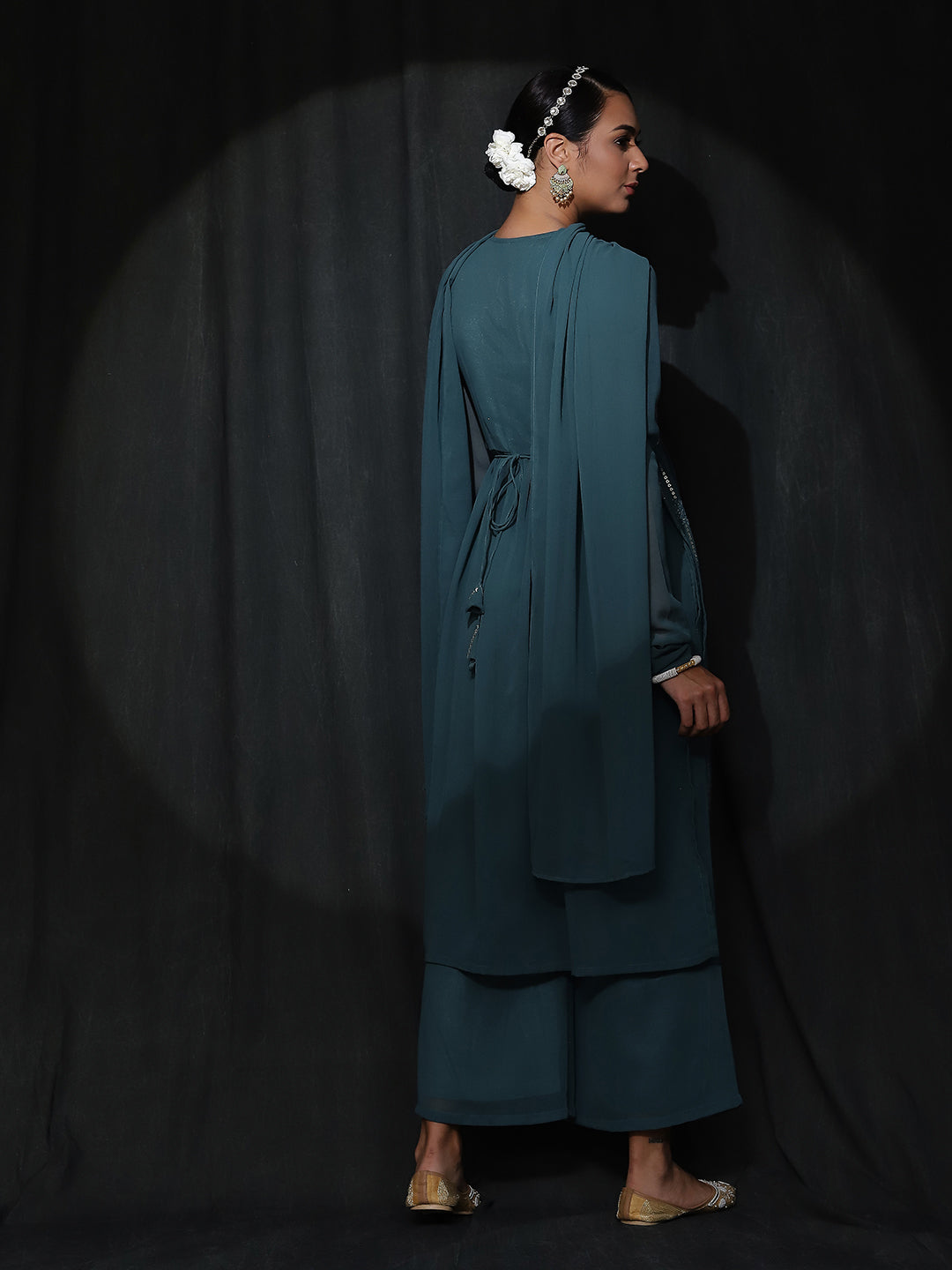 Teal Embroidered Nyra-Cut Kurta Palazzo With Dupatta