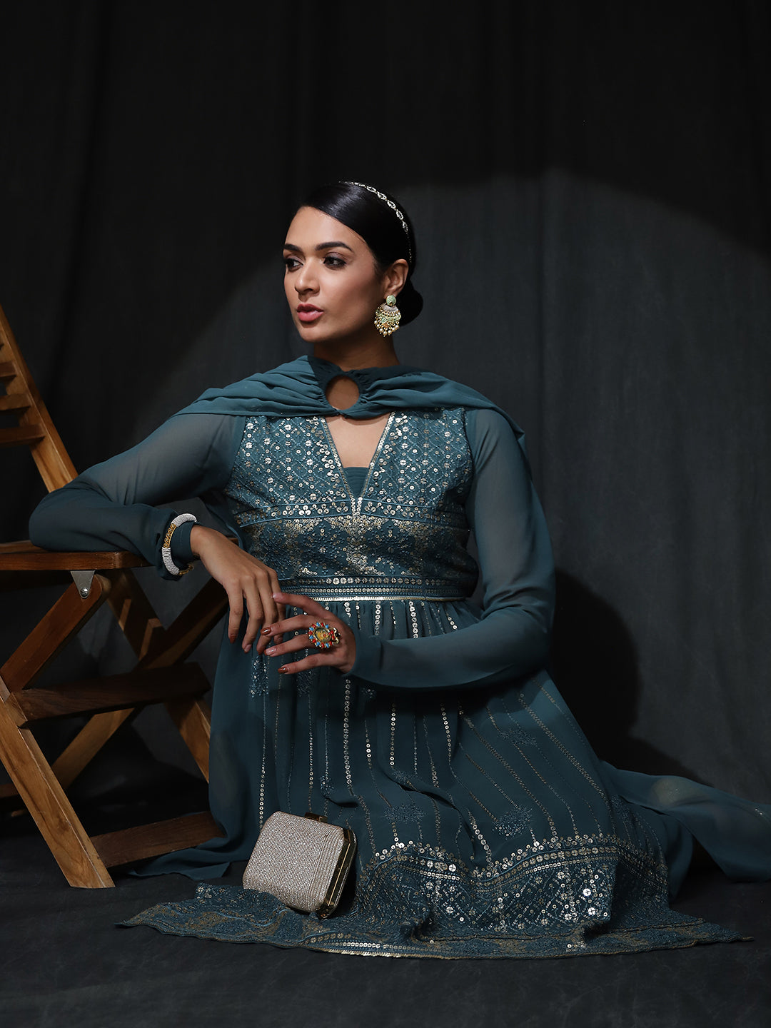 Teal Embroidered Nyra-Cut Kurta Palazzo With Dupatta