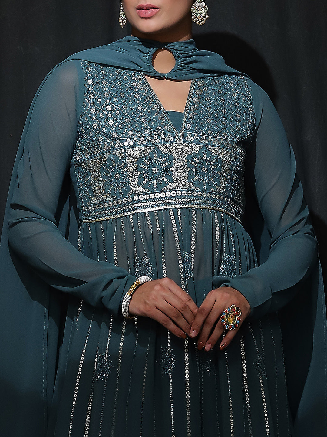 Teal Embroidered Nyra-Cut Kurta Palazzo With Dupatta