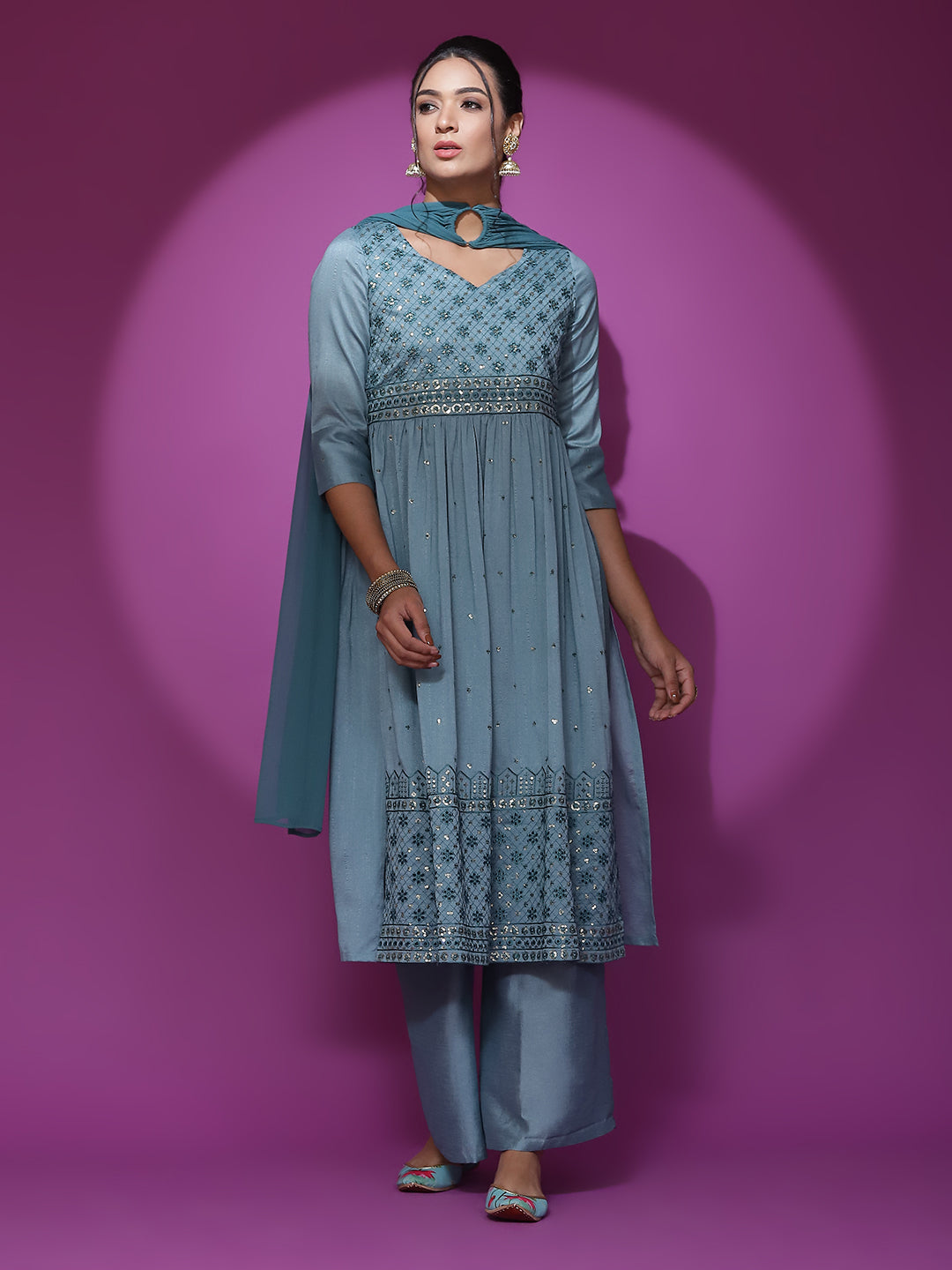 Blue Embroidered Nyra-Cut Kurta Palazzo With Dupatta