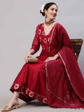 Magenta Woven Designed Anarkali Pant With Dupatta