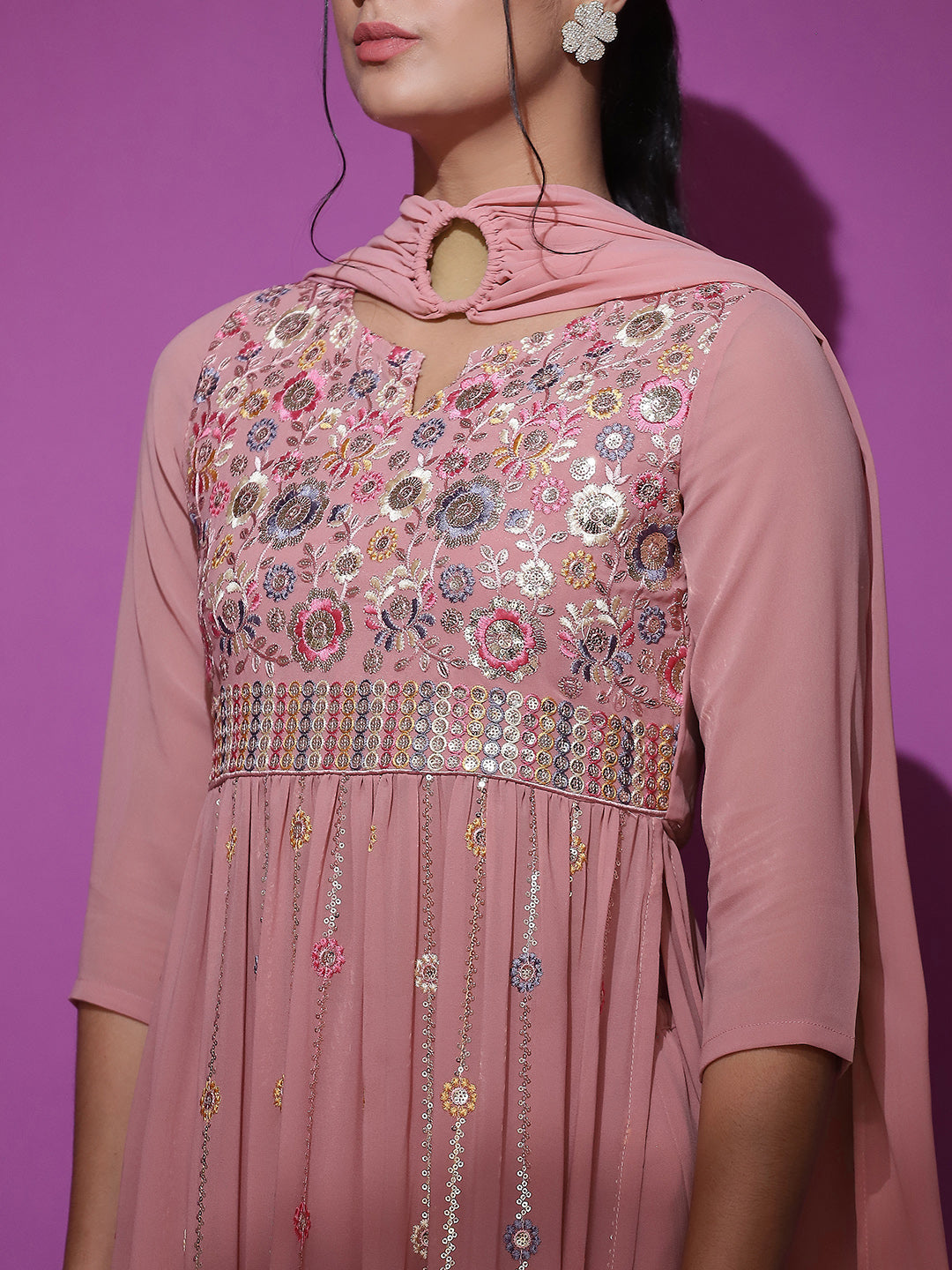 Pink Embroidered Nyra-Cut Kurta Palazzo With Dupatta