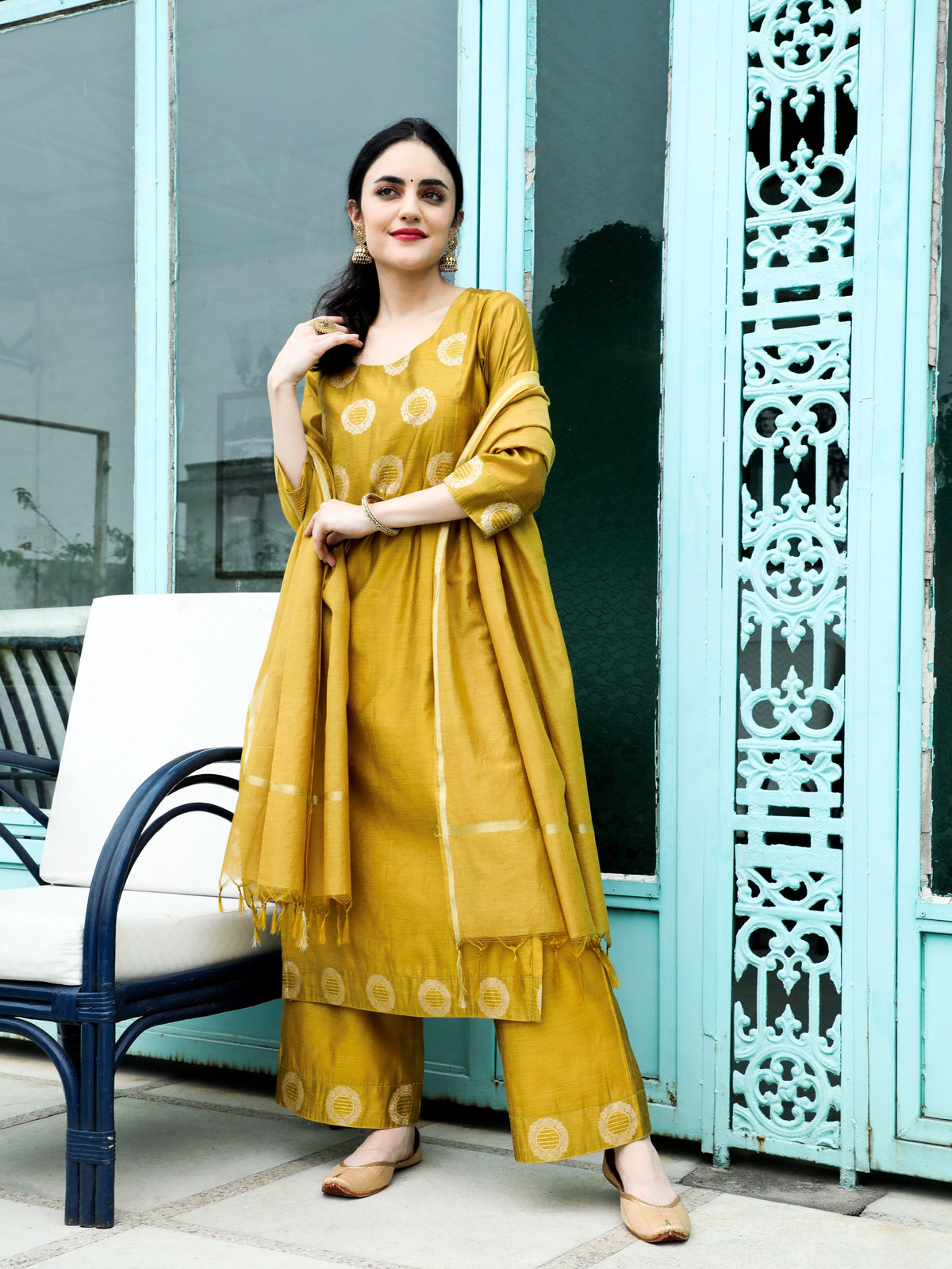 Mustard Embellished Kurta Palazzo With Dupatta