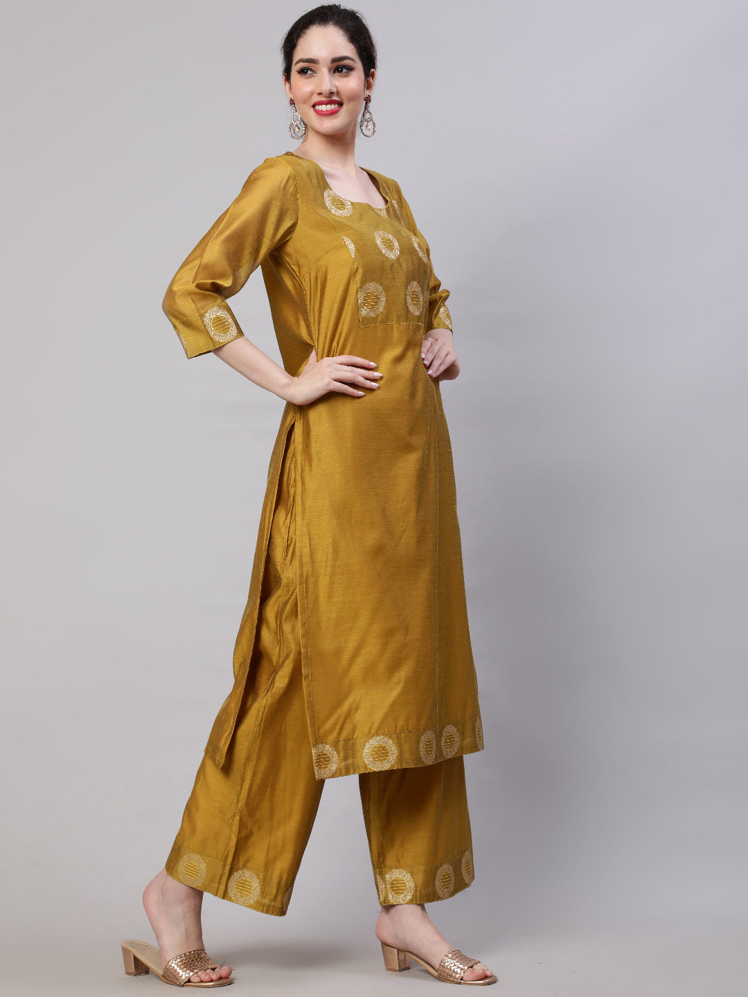 Mustard Embellished Kurta Palazzo With Dupatta