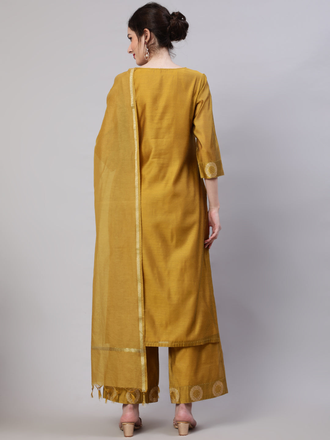 Mustard Embellished Kurta Palazzo With Dupatta