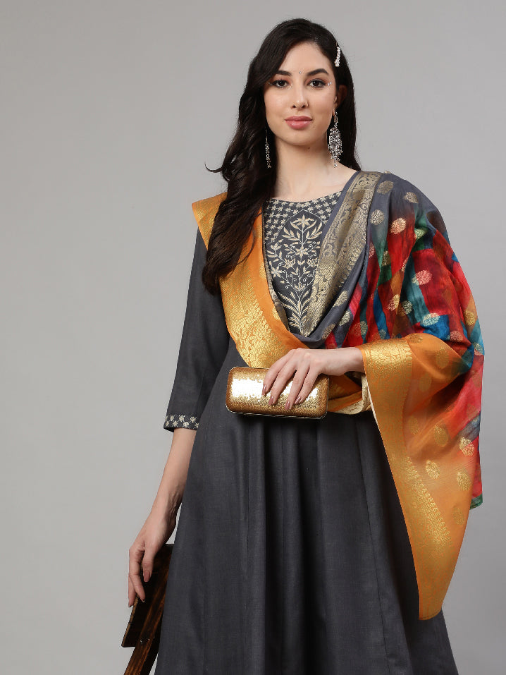 Grey Embroidered Anarkali Pant With Dupatta