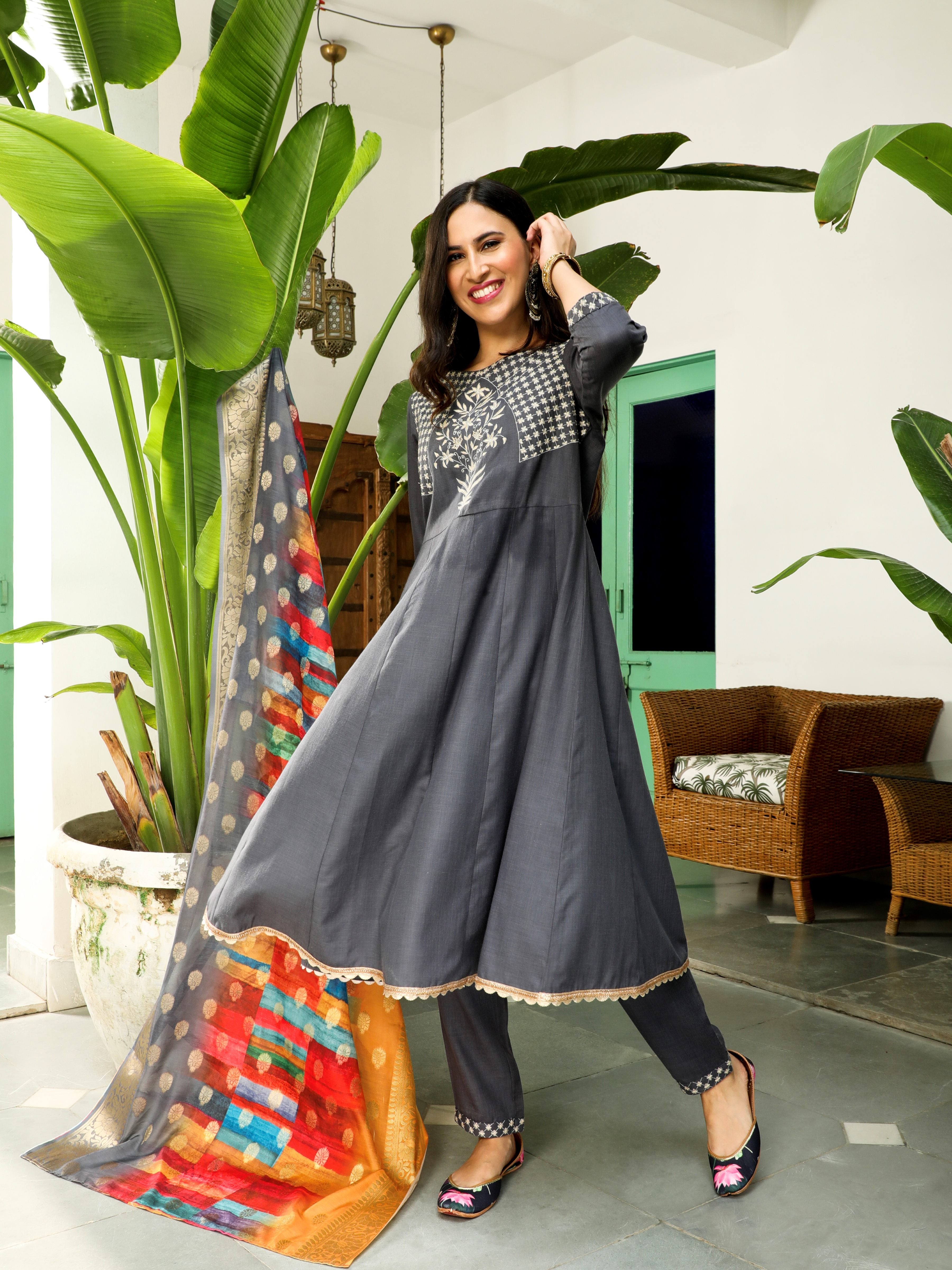 Grey Embroidered Anarkali Pant With Dupatta