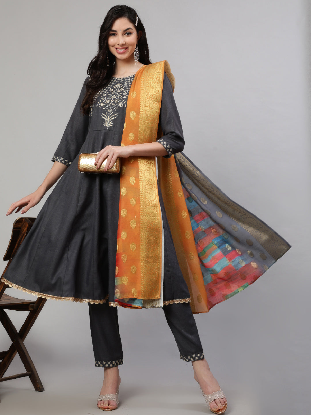 Grey Embroidered Anarkali Pant With Dupatta