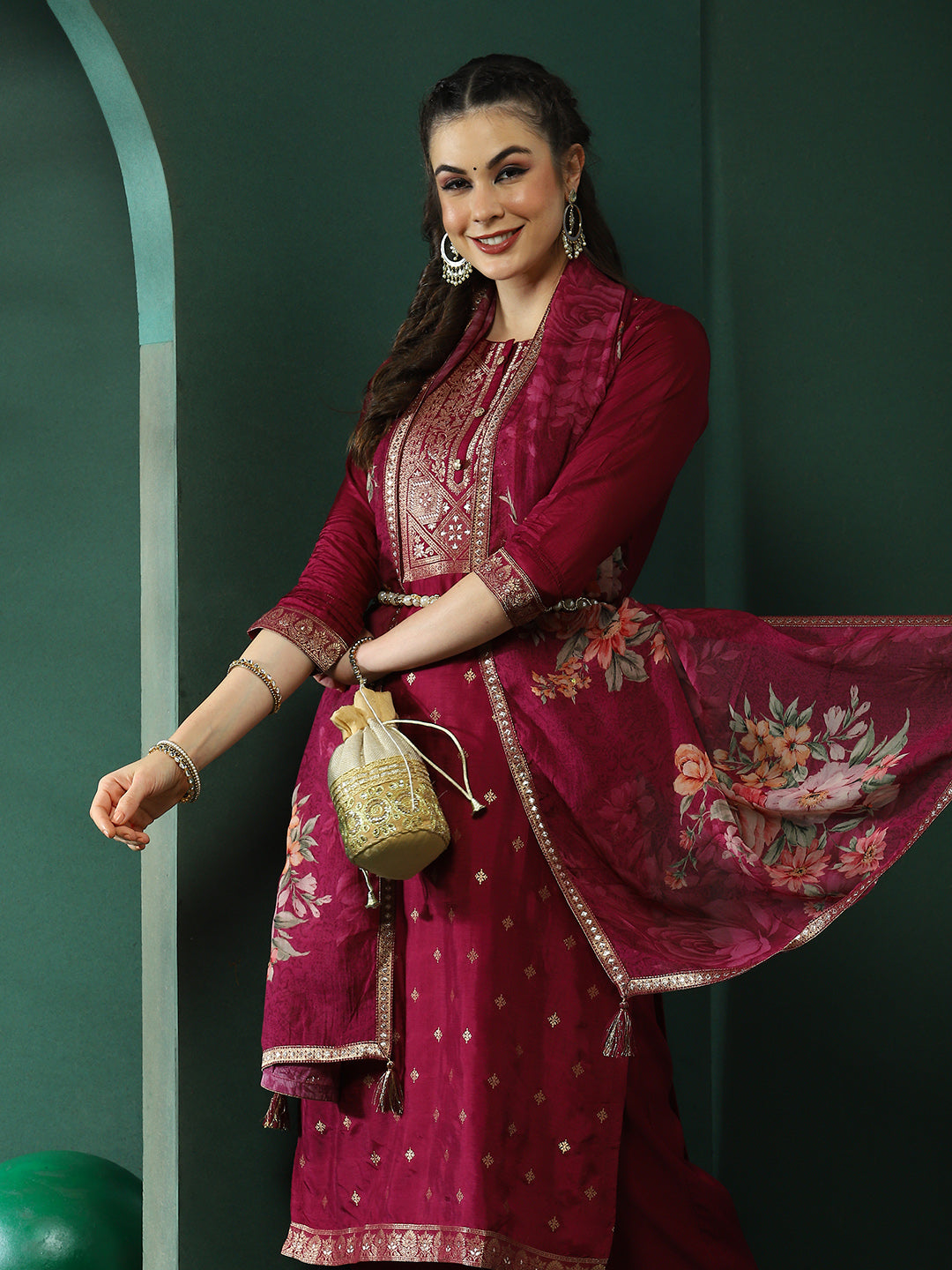 Purple Jacquard Kurta Pant With Dupatta