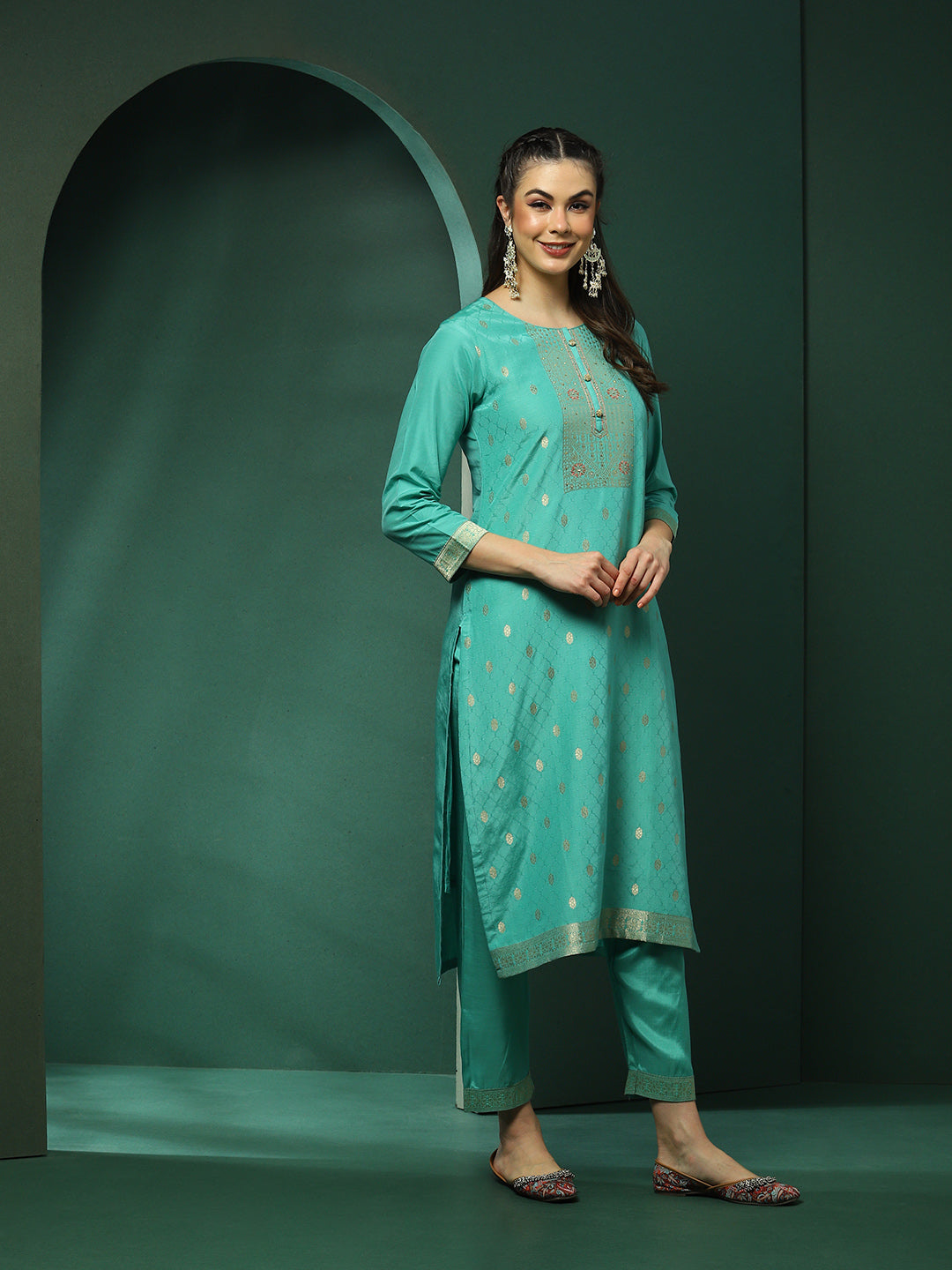 Turquoise Blue Jacquard Kurta Pant With Dupatta