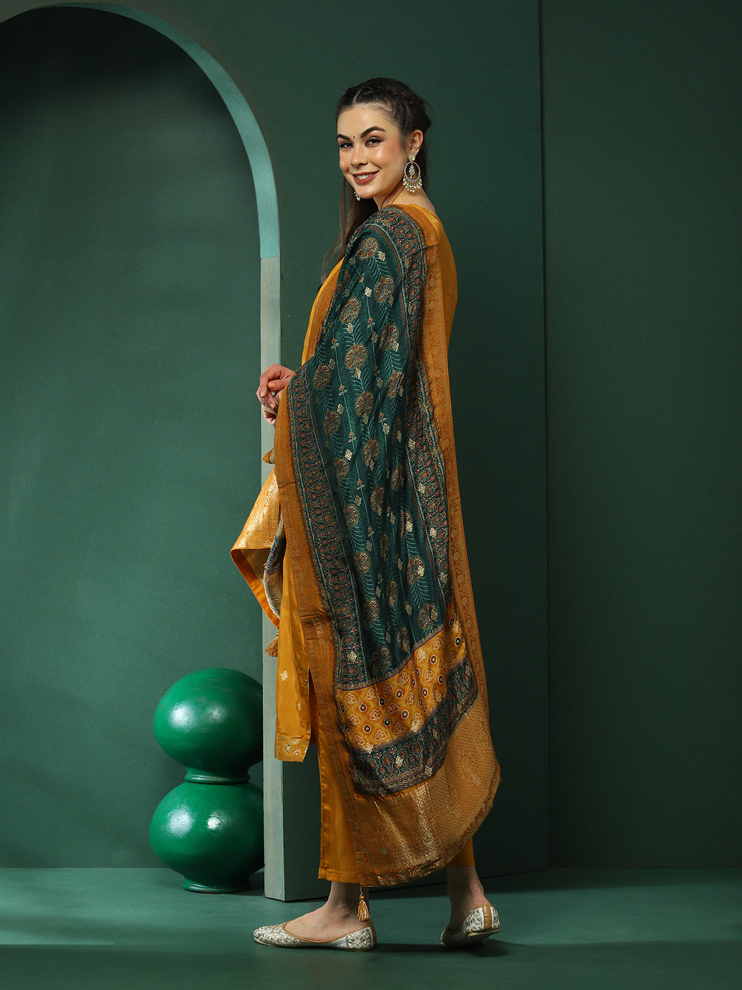 Mustard Jacquard Kurta Pant With Dupatta