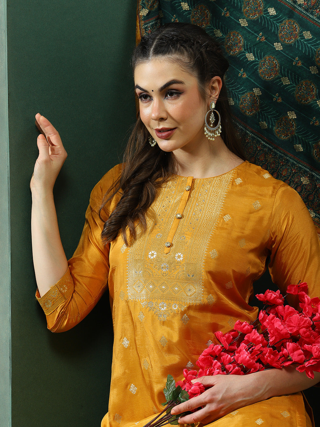 Mustard Jacquard Kurta Pant With Dupatta