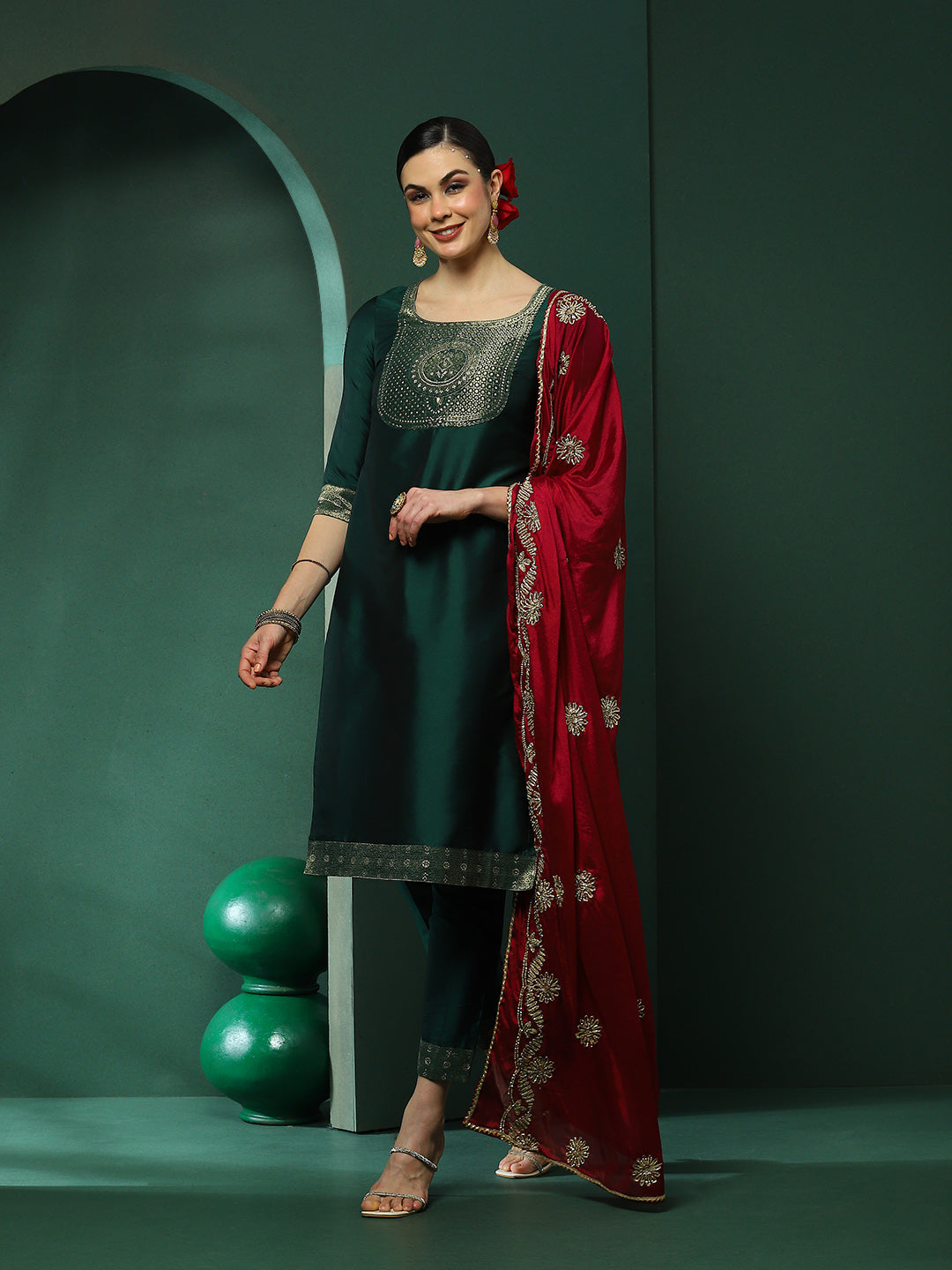 Green Kurta Pant With Gota Work Dupatta