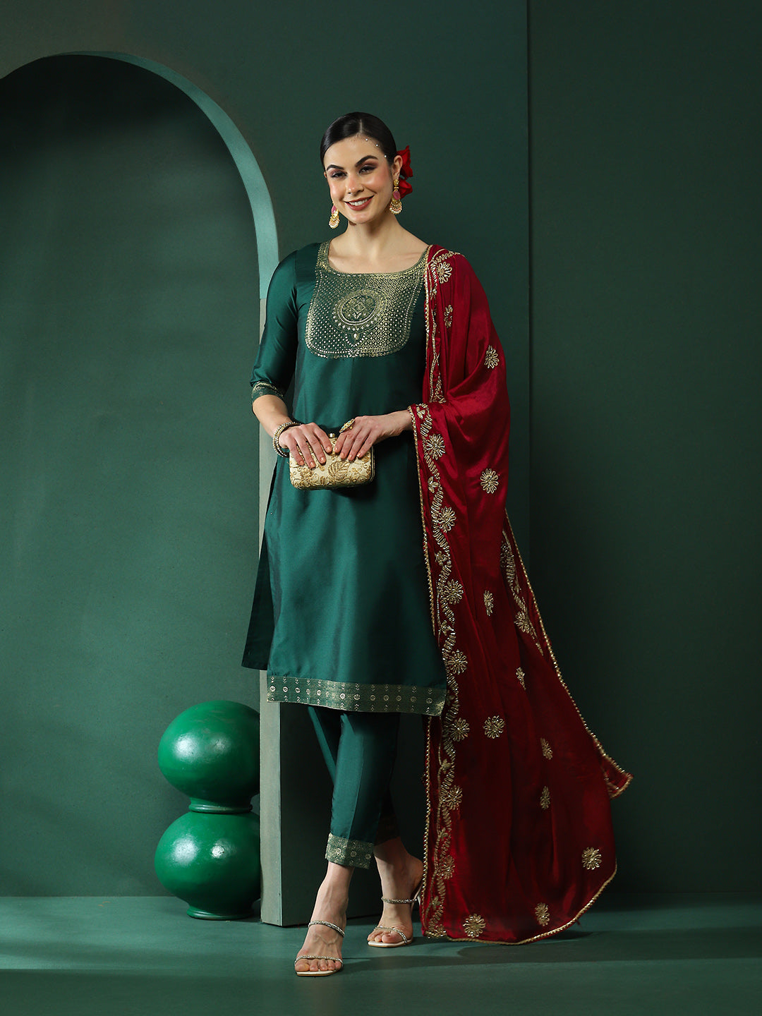 Green Kurta Pant With Gota Work Dupatta