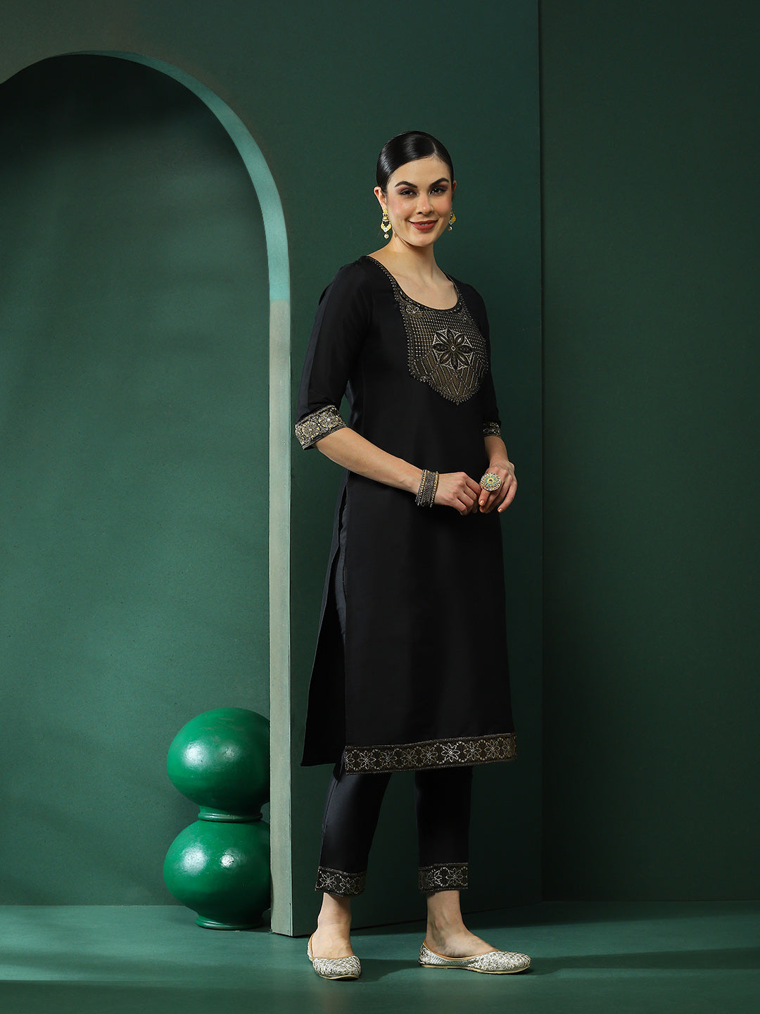 Black Patch Work Kurta Pant With Dupatta