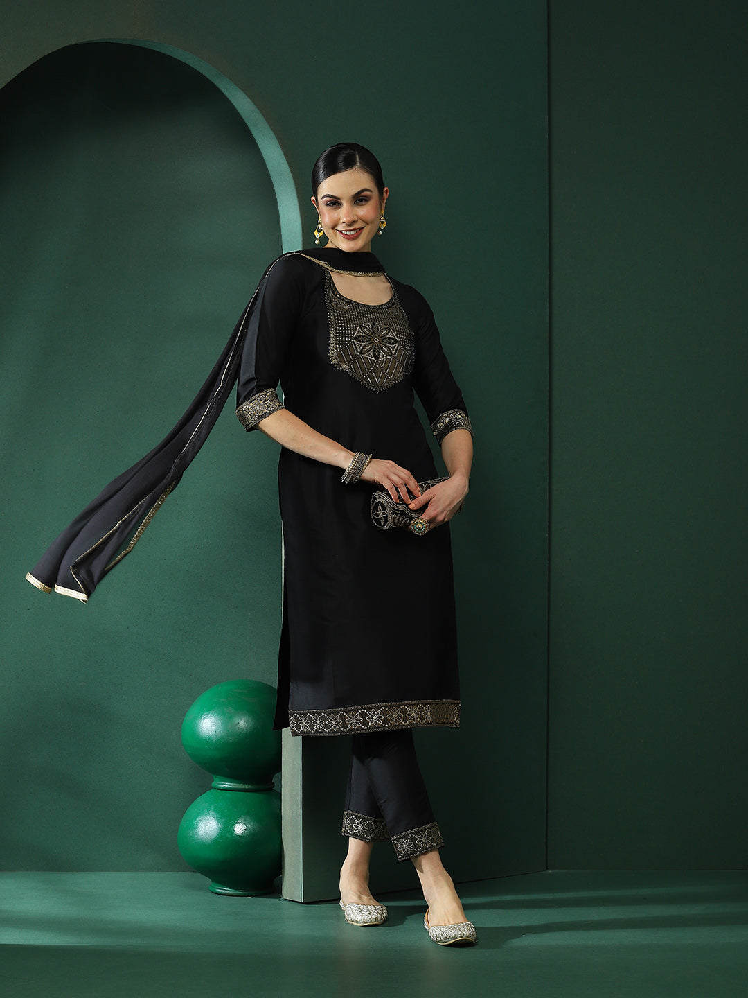 Black Patch Work Kurta Pant With Dupatta