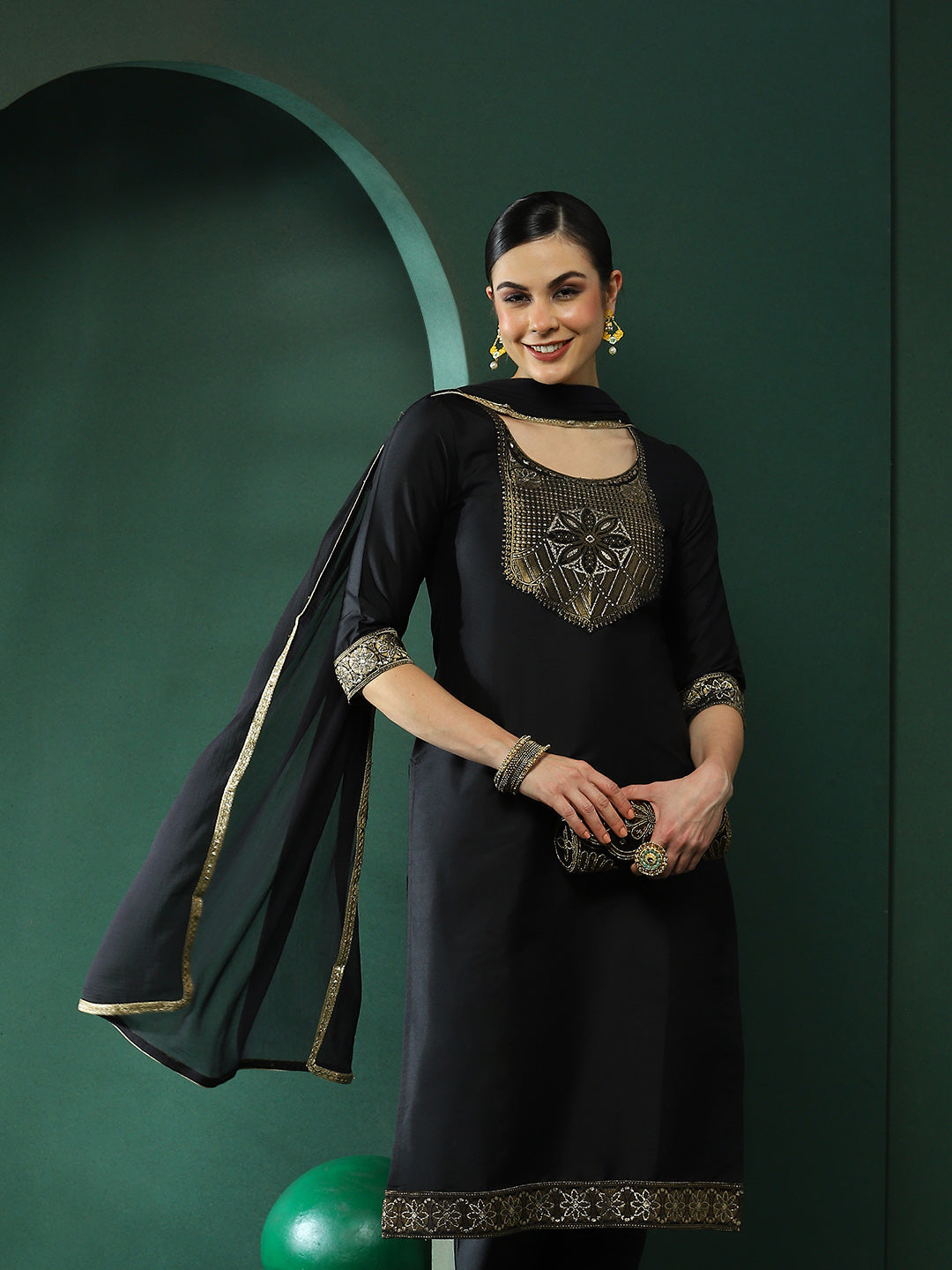 Black Patch Work Kurta Pant With Dupatta