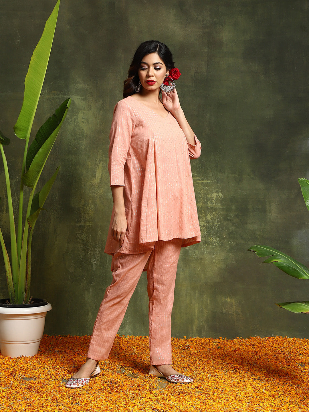 Pink Lurex Designed Flared Co-Ord Set