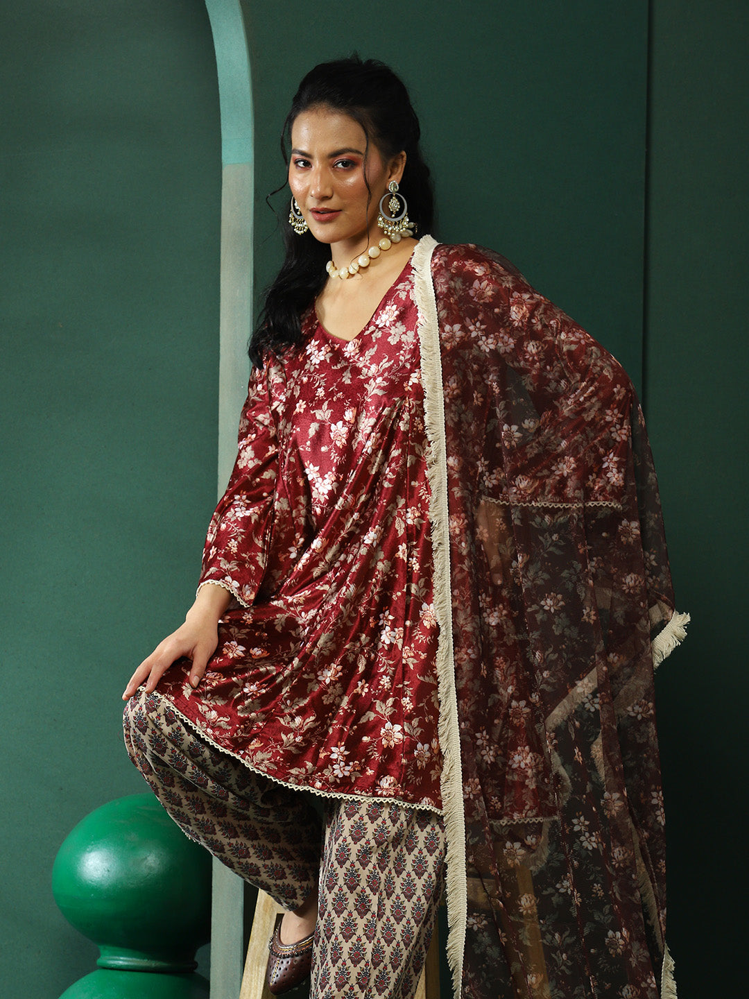 Maroon Floral Print Pakistani Kurta Salwar With Dupatta