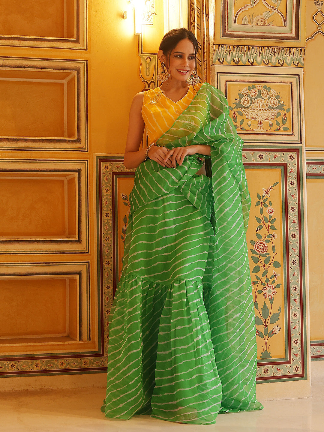 Yellow Leheria Printed Saree With Blouse