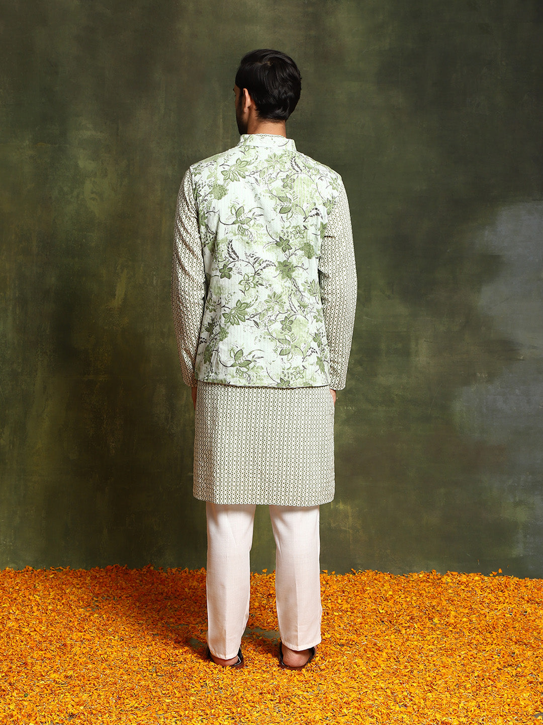 Pastel Green Floral Print Kurta With Nehru Jacket