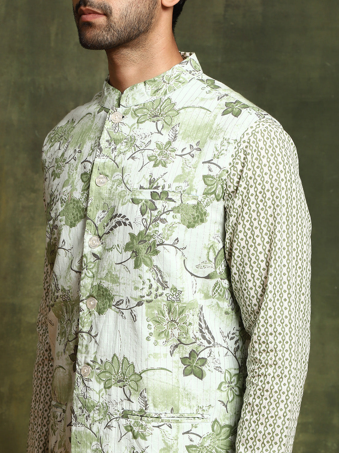 Pastel Green Floral Print Kurta With Nehru Jacket