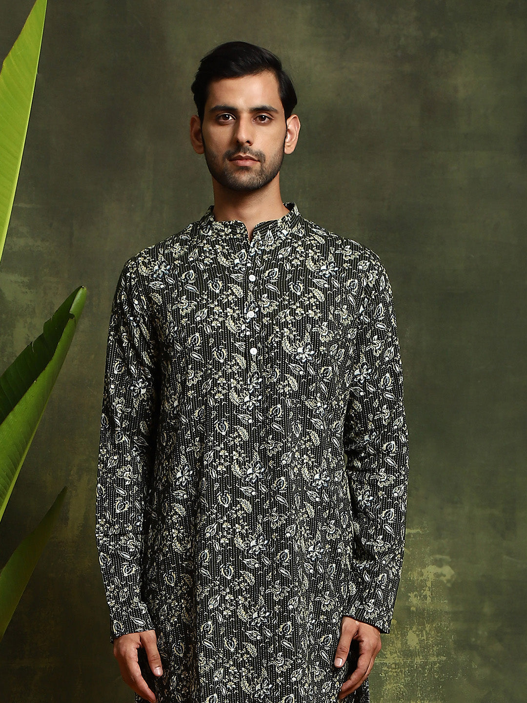 Olive Printed Kantha Work Kurta