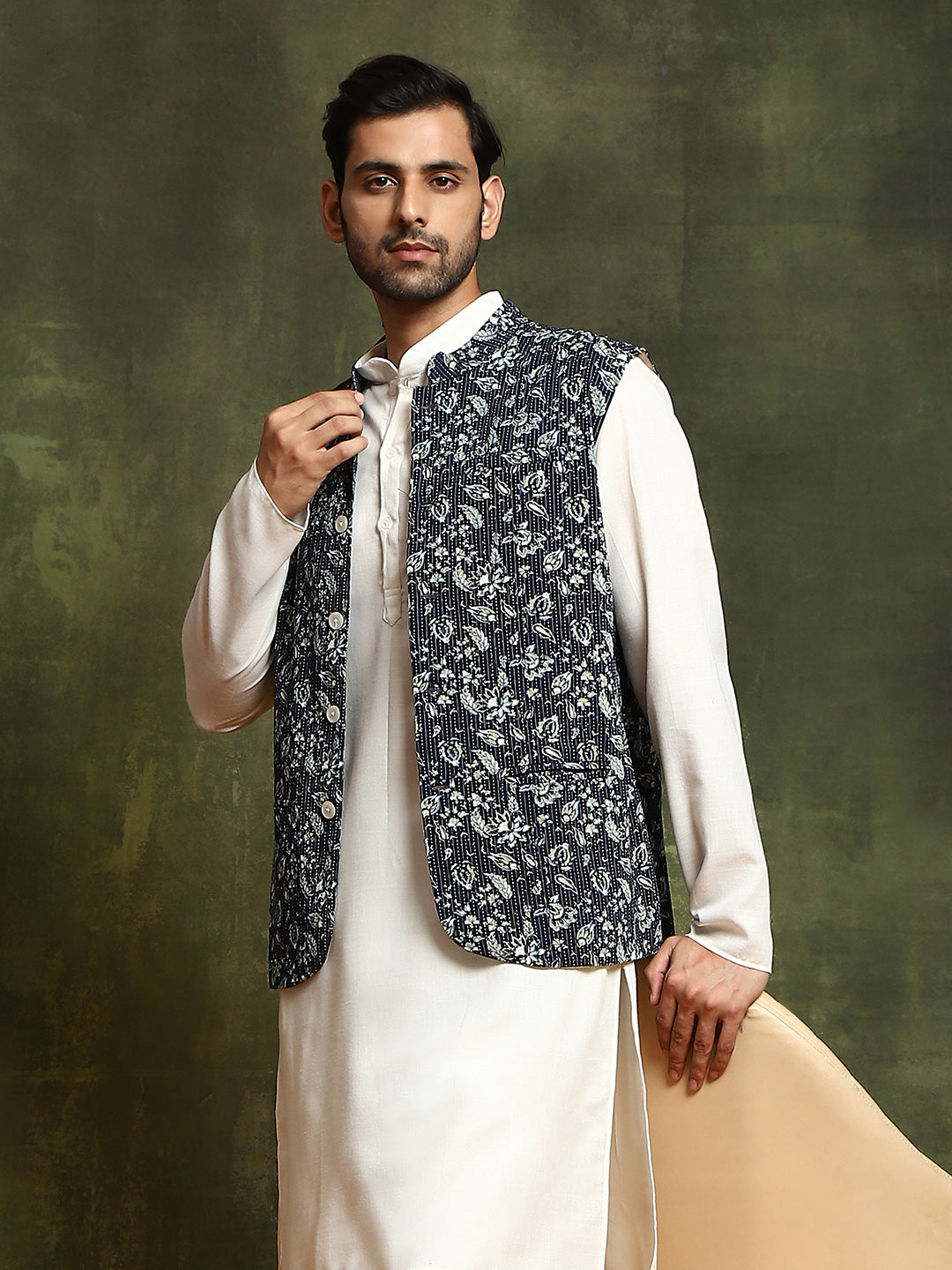 Navy Blue Floral Print Nehru Jacket