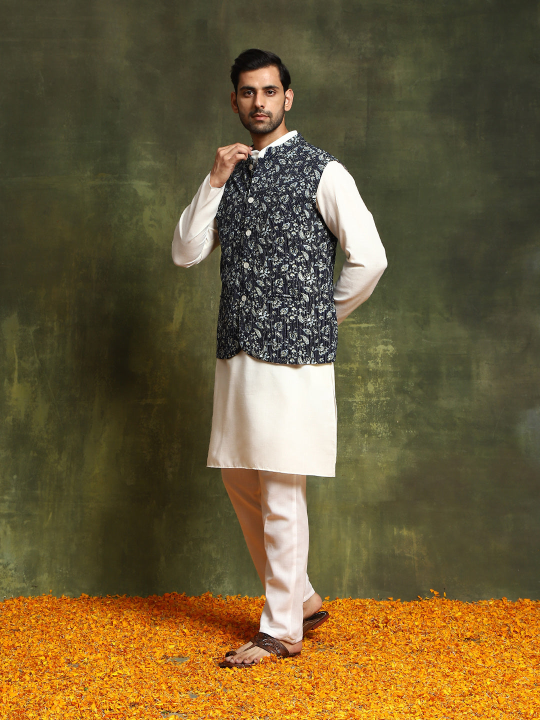 Navy Blue Floral Print Nehru Jacket