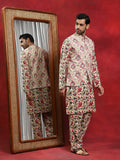 Cream Floral Print Kurta Pyjama With Nehru Jacket