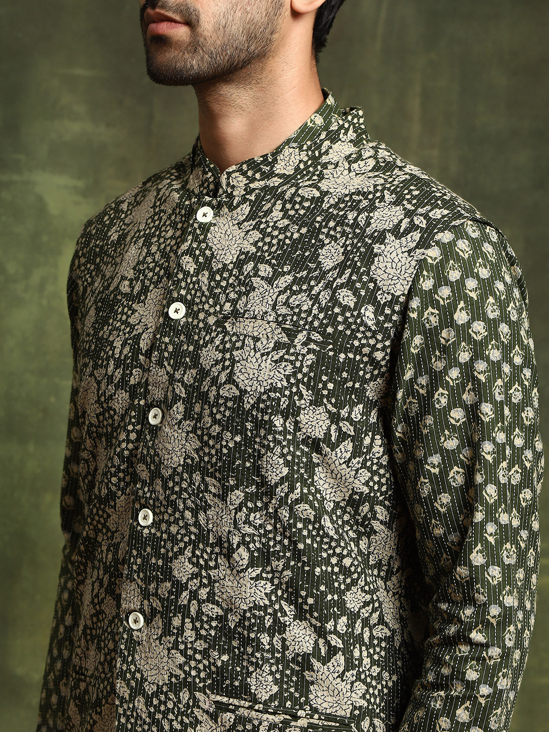 Olive Printed Kantha Work Kurta With Nehru Jacket