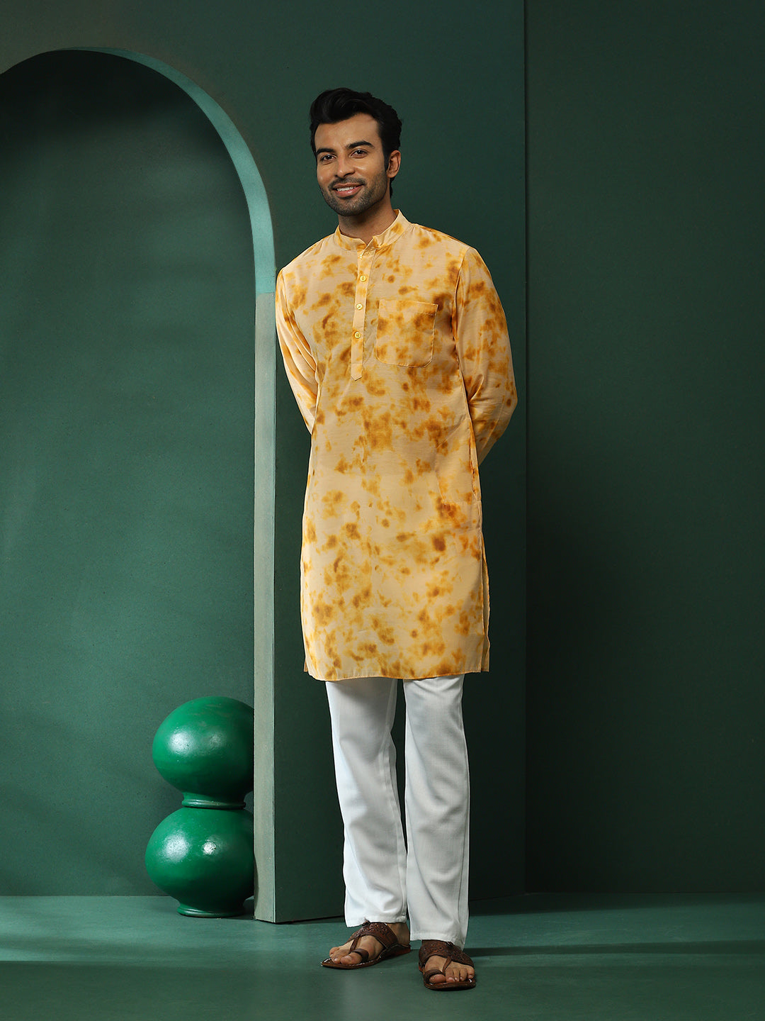 Beige Tie-Dye Print Long Kurta