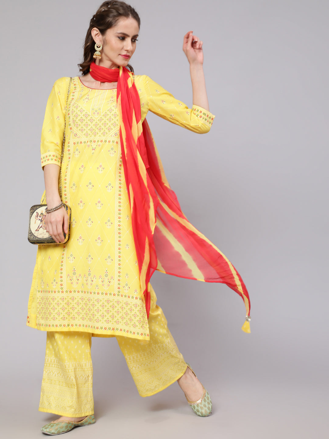 Yellow Placement Print Kurta Palazzo With Dupatta