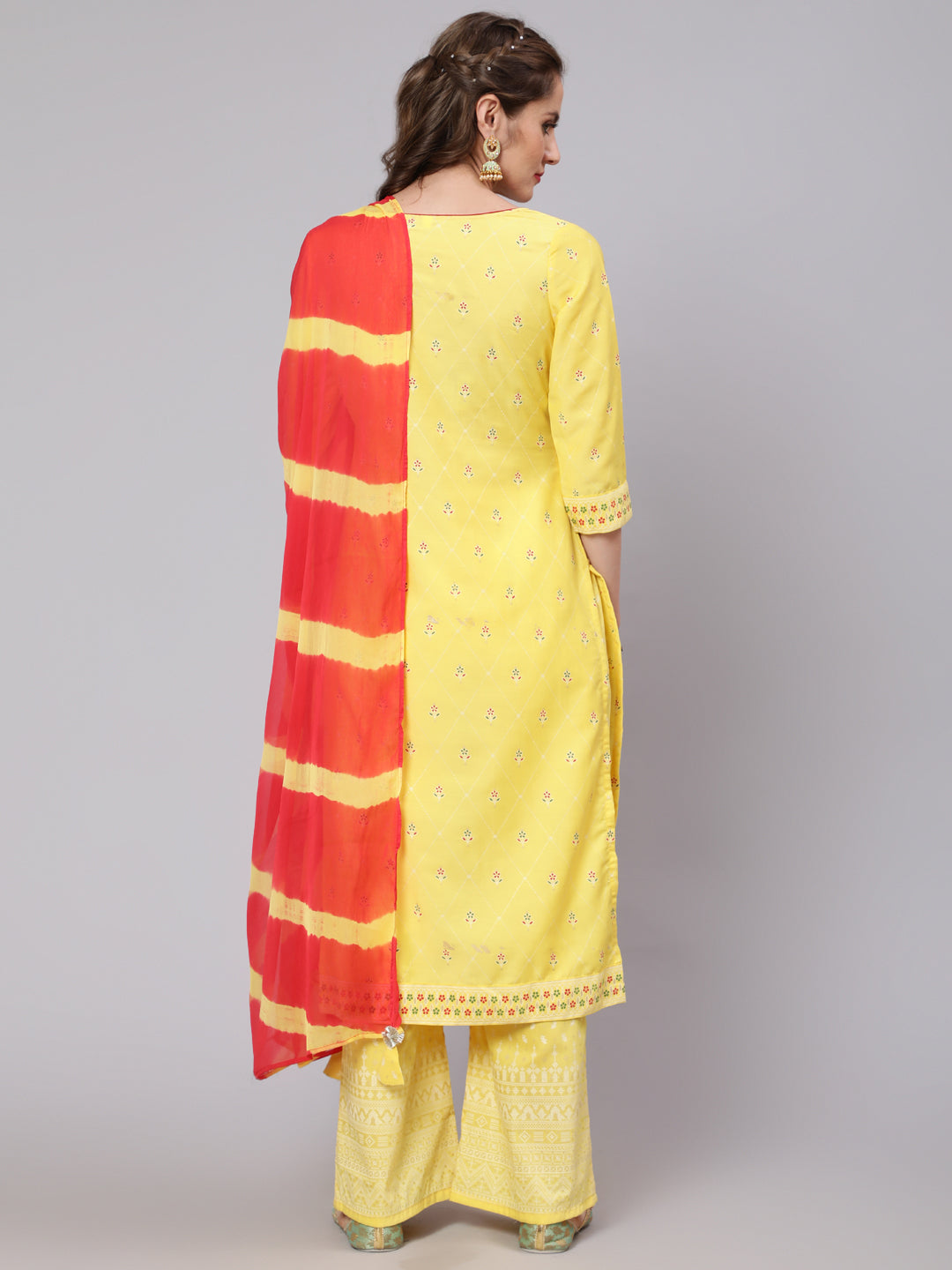 Yellow Placement Print Kurta Palazzo With Dupatta