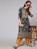 Grey & Mustard Placement Print Kurta Set With Palazzo