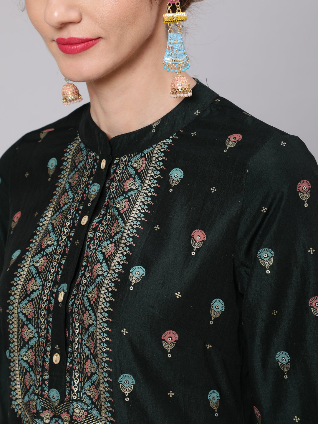 Dark Green & Rust Placement Print Kurta With Palazzo