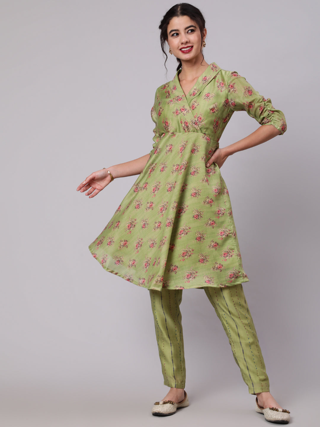 Green Floral Print Chanderi Suit Set - Mother Daughter Combo