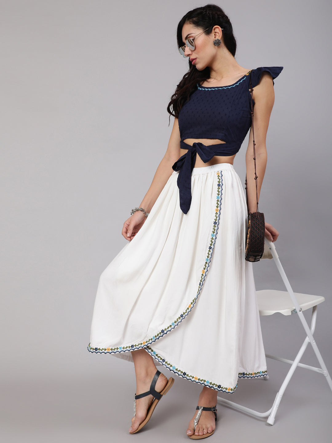 White & Blue Embroidered Co-Ord Set