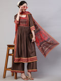 Brown Printed Nyra-Cut Kurta Palazzo With Dupatta