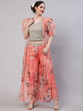 Peach Floral Print Co-ord Set With Jacket