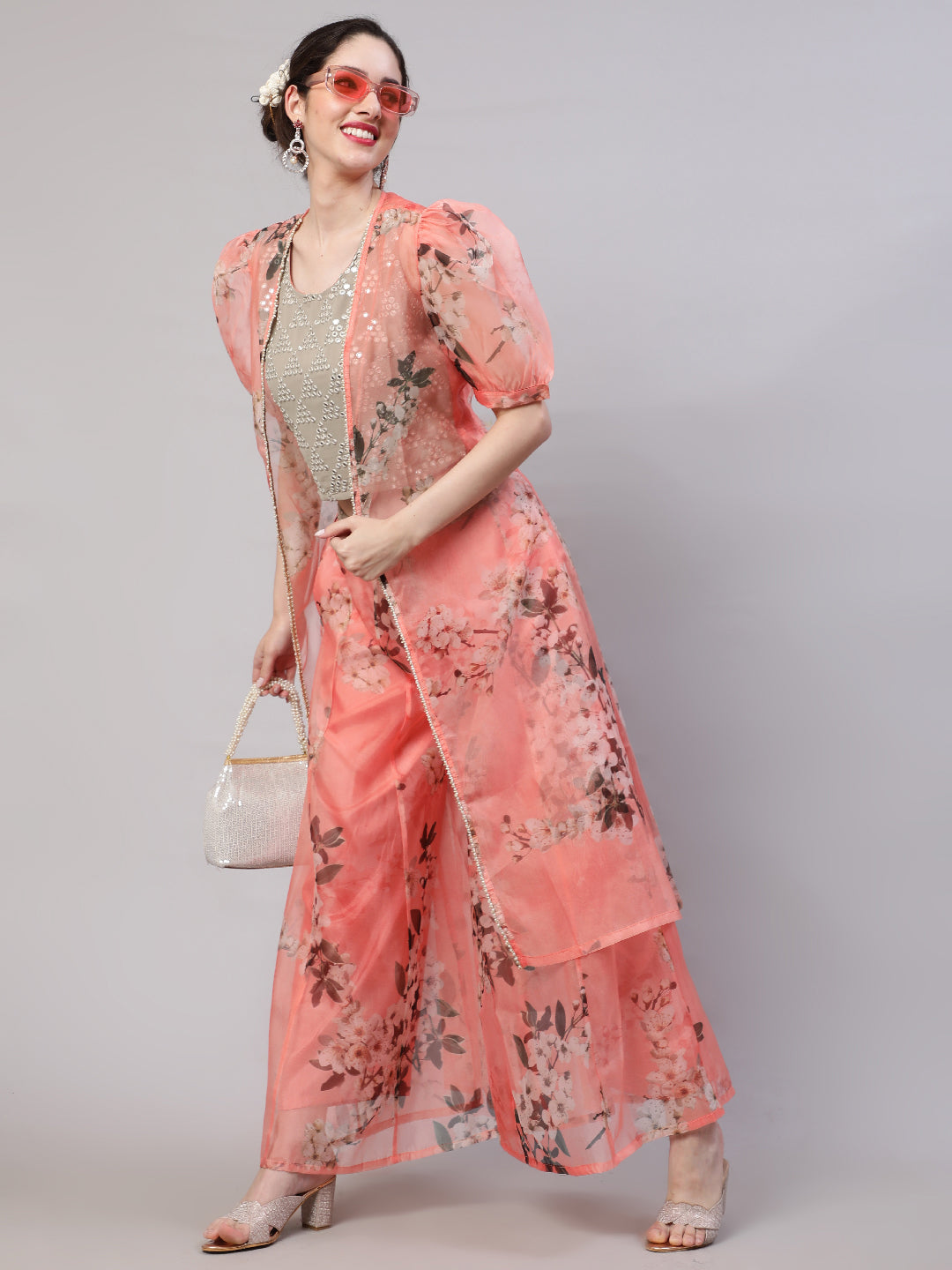 Peach Floral Print Co-ord Set With Jacket